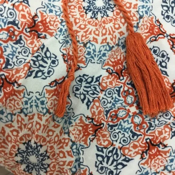 Lucy & Laurel Anthropologie Womens Boho Top Size Medium Orange/Blue Print Tassel - Picture 5 of 7